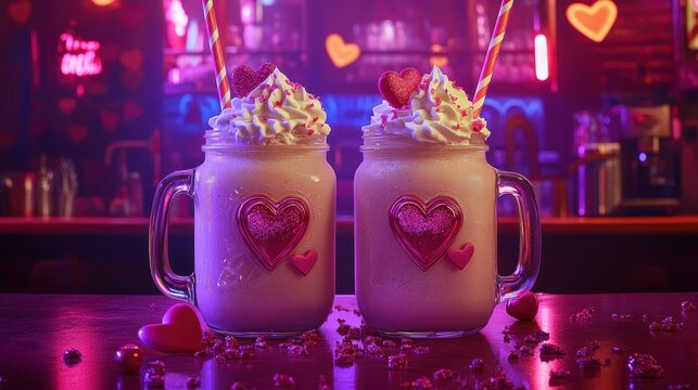 Romantic Milkshakes in Jars with Heart Decorations and Straws