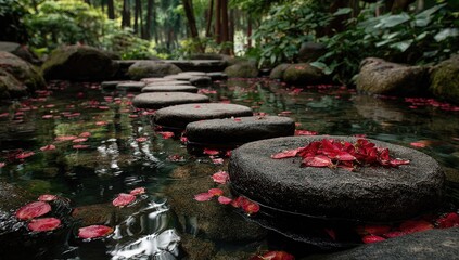 Tranquil stone path through a shallow water garden.  Fallen petals