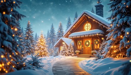 Winter Evening at a Charming Cabin, Nestled Among Snow Covered Evergreen Trees, Aglow with Festive Lights and Holiday Decorations