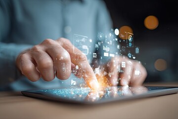 Hands interacting with a tablet, holographic data overlay