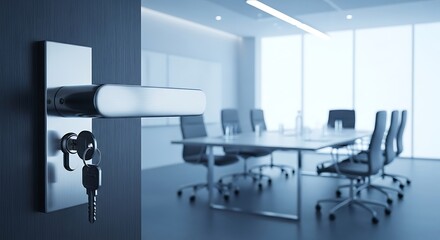 Modern Office Meeting Room with Keys on Door Handle.