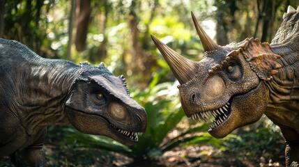 Fototapeta premium Two Dinosaurs Face Off in a Lush Green Jurassic Jungle Setting