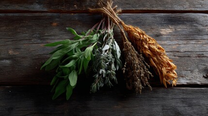 moody top view of dried herbs hanging over an old wooden table
