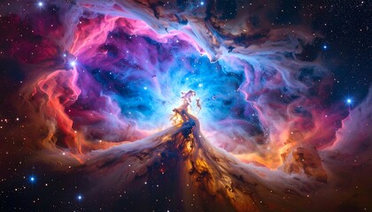 Vibrant nebula in deep space, swirling clouds of cosmic dust and light