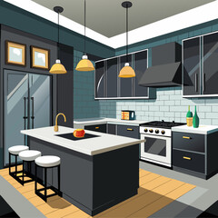 Modern contemporary vector cartoon kitchen with island and appliances for interior design