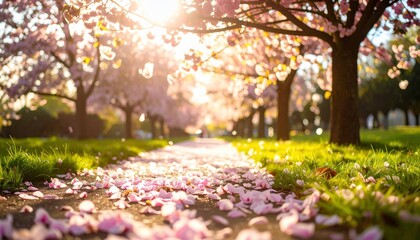 Naklejka premium Blossoming trees create a scenic path of pink petals, illuminated by sunshine