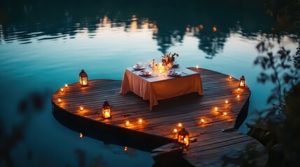 Romantic Outdoor Dinner Setup on a Scenic Lake at Sunset