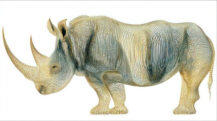 Fototapeta premium Stylized rhino illustration. Linear texture in blues, yellow, whites, tans