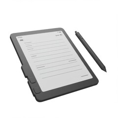Gray Ereader Tablet with Black Stylus for Input on White Background Displaying Text