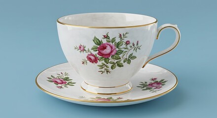 Vintage porcelain teacup and saucer featuring delicate pink roses and gold accents, isolated on a blue background