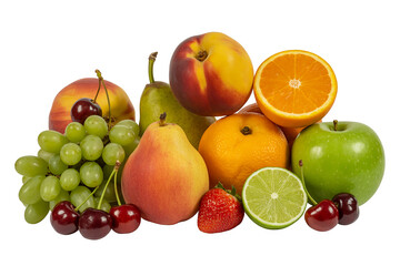 A vibrant assortment of fresh fruits including apples pears grapes and citrus isolated on white background