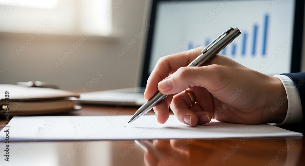 Poster close up of a hand holding a pen writing on a paper with a laptop in the background showing a graph