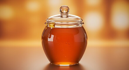 Viscous Golden Honey Dripping from a Clear Glass Jar with Lid