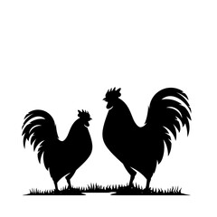 Silhouette of Rooster and Hen Standing Together on Grass, Farm Animals, Black and White Illustration