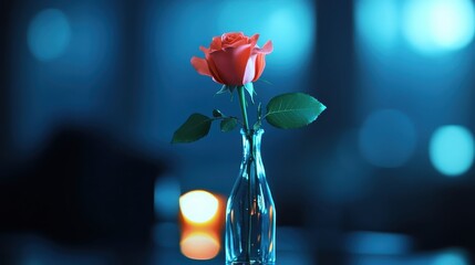 Single Pink Rose in Glass Vase with Soft Blue Background