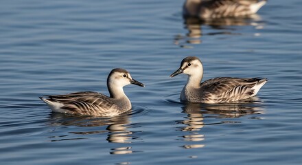 Fototapeta premium Two ducks swimming in blue water looking at each other with another duck in the background blur