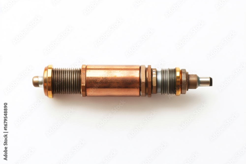 Poster close up of a copper pipe connector with various metal components, showcasing its intricate design a
