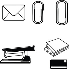 A black and white illustration of office supplies including an envelope and a stapler and paper clips
