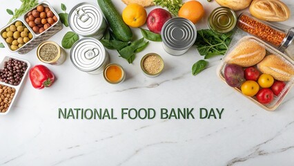 National Food Bank, Clean flat lay display of food.