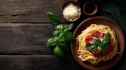 realistic top view of a rustic table with spaghetti, tomato sauce, basil, and parmesan