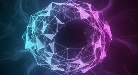 Photo of intricate geometric network sphere glowing with blue and purple digital light