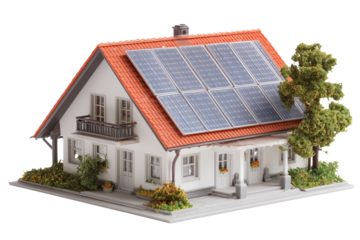 Smart home demonstration featuring an isolated solar roof panel on a model house isolated on a white or transparent background 