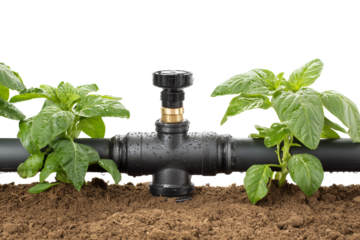 Smart irrigation system with a control valve and green plants in wet soil designed for efficient watering isolated on a white or transparent background 