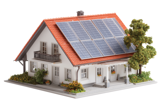 Smart home demonstration featuring an isolated solar roof panel on a model house isolated on a white or transparent background 