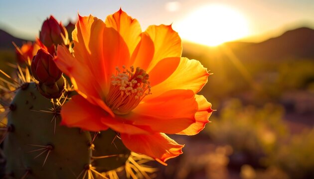 Vibrant orange cactus flower at sunset - Powered by Adobe