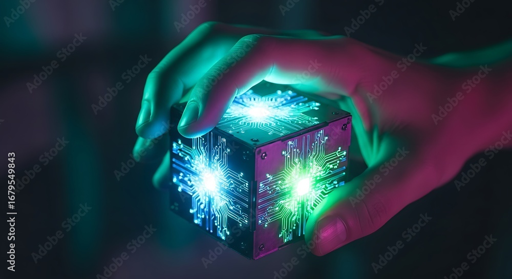 Poster hand holding glowing cube with circuit board design in a dark and colorful environment setting