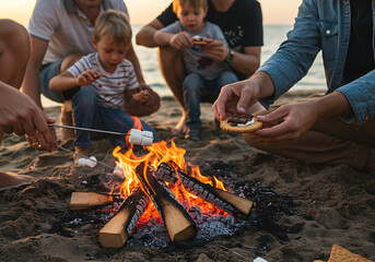 Una familia que hace una hoguera en la playa y aprovecha malvaviscos para disfrutar de postres.