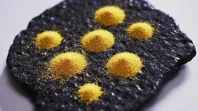Golden granules artfully arranged on a textured dark surface, evoking a sense of organic growth