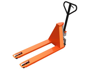 Vibrant Orange Hand Pallet Truck 3D Render: Modern Industrial Pallet Jack Jigger in Retracted Position, Isolated for Logistics, Warehouse and Material Handling Efficiency on Transparent Background.