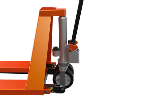 Logistics Supply Chain Essential Tool: Detailed View of the Manual Hydraulic Mechanism and Front Wheel Assembly of an Orange Hand Pallet Jack &ndash; Isolated 3D Machinery Cutout with Clipping Path Included