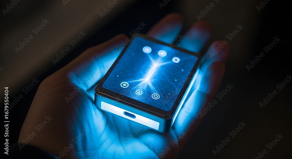 Poster illuminated device with bright blue screen held in hand in a dark setting showcasing technology