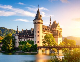 Obraz premium Medieval castle by a lake at sunset