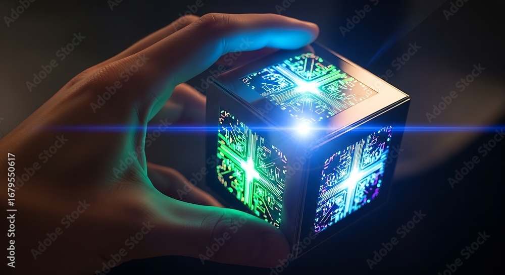 Poster hand holding a glowing cube with circuit board patterns and bright light effects in a dark setting