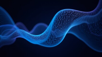 Modern tech aesthetic – sleek glass gradient of blue, cyan, and violet, luminous on black, accented with ribbed and wave-like forms for a futuristic digital style