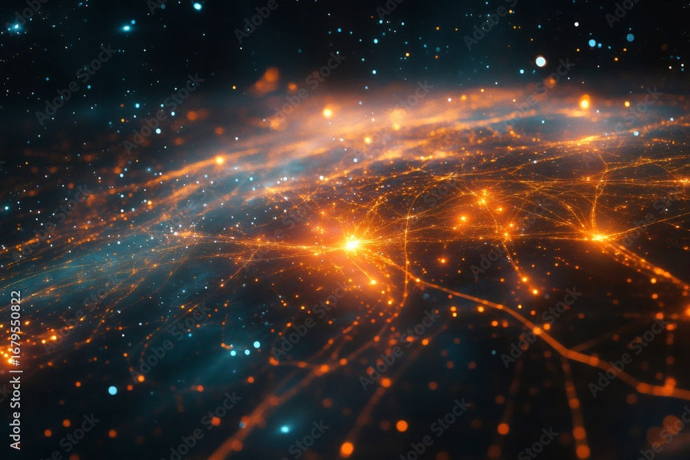 Aufkleber orange lines connecting bright spots like a neural network in deep space with stars and nebulae crea