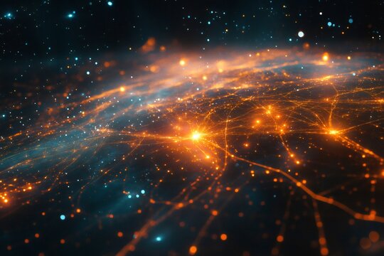 Orange lines connecting bright spots like a neural network in deep space with stars and nebulae creating a technological and futuristic atmosphere