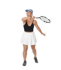 Woman with racket playing tennis on white background