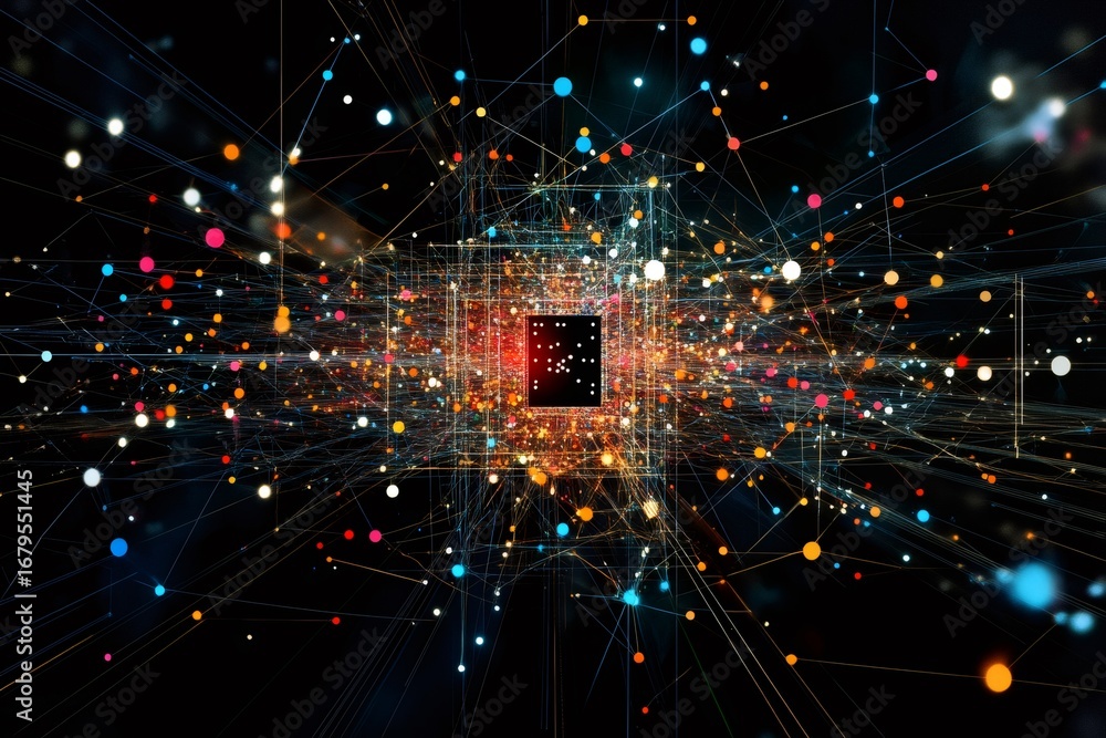 Aufkleber colorful lights and connections emanating from a microchip, symbolizing data processing, advanced te