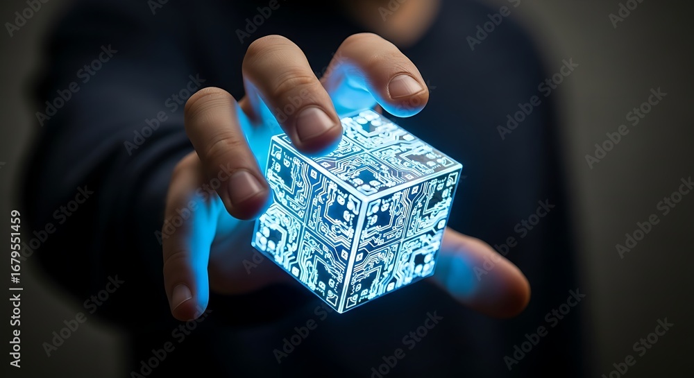 Poster hand holding a glowing blue cube with circuit patterns in a dark setting close up studio shot