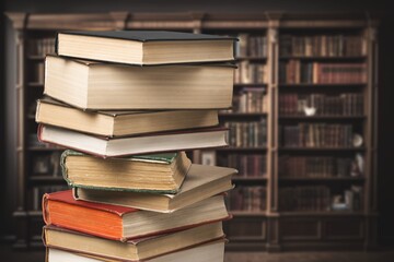 stack of books in library on wooden table