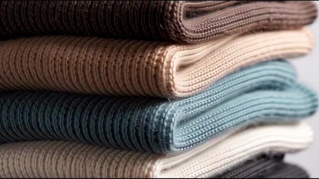 A stack of folded knitted sweaters in earthy and neutral colors.