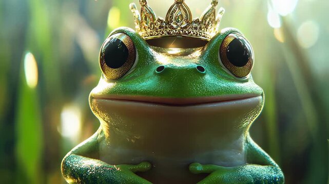 frog with a golden crown on a nature background.