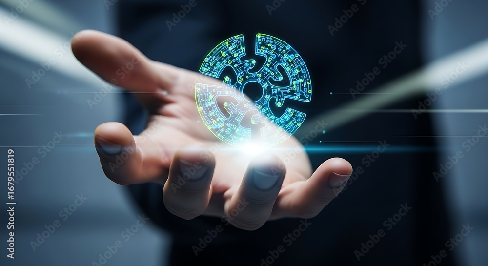 Poster hand holding glowing futuristic digital circular design with blue and green circuit patterns