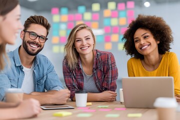 Group of diverse young adults smiling and collaborating around a table with laptops and coffee cups, surrounded by colorful sticky notes on a wall, showcasing teamwork and creativity