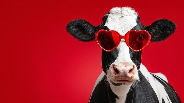 Playful black and white cow wearing heart-shaped sunglasses against a vibrant red background, showcasing a whimsical and humorous take on farm life and animal personality in a fun setting