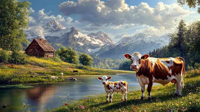 cow and calf on a green lawn or meadowм.